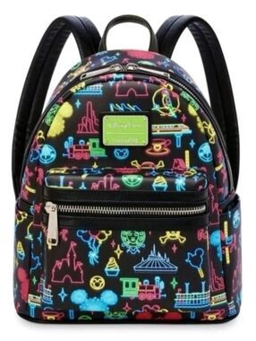 Loungefly Disney Parks Mini Backpack with Neon Multicolor Disney Icons NWOT